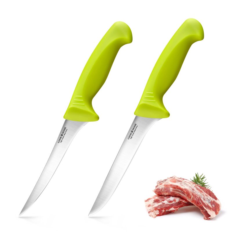 Cook N Home Boning Knife Set 2-Piece, 6-inch High Carbon German Stainless Steel Flexible Curved and Straight Stiff Boning Kitchen Knives, Ergonomic Handle, Green
