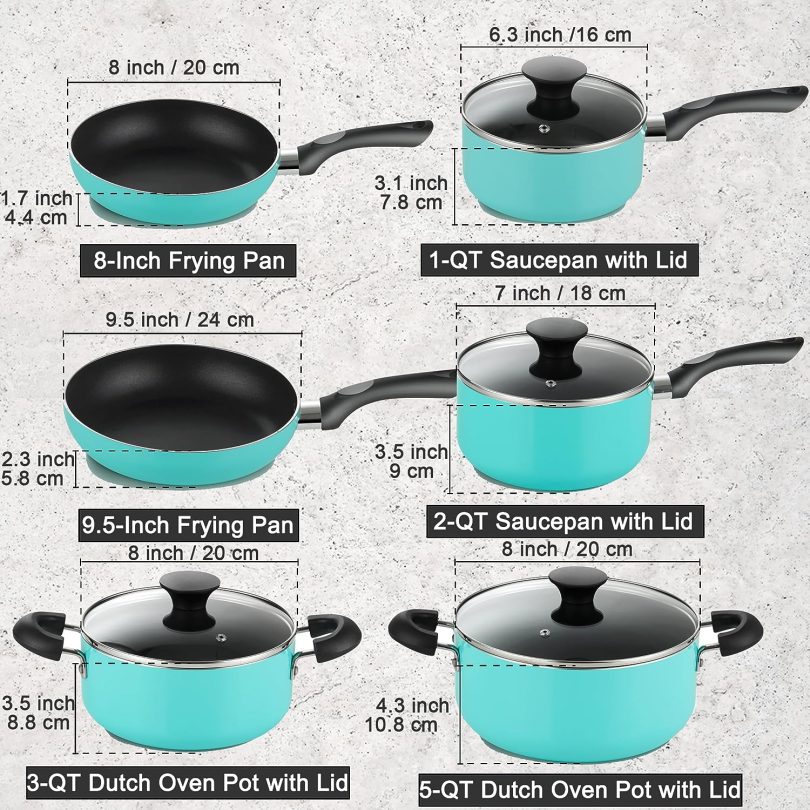 Cook N Home Kitchen Cookware Sets Nonstick, Pots and Pans Set Includes Stockpots, Saucepans, Frying Pans, Dutch Oven Pot with Lids, 10-Piece, Turquoise - Image 2
