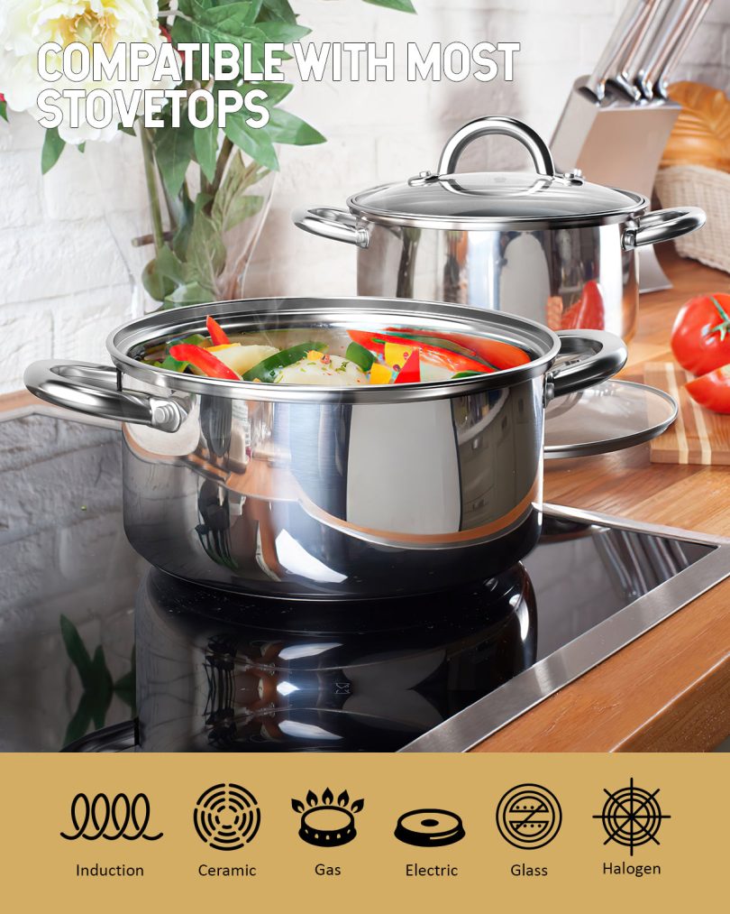Cook N Home Kitchen Cookware Sets, 12-Piece Basic Stainless Steel Pots and Pans, Silver - Image 3