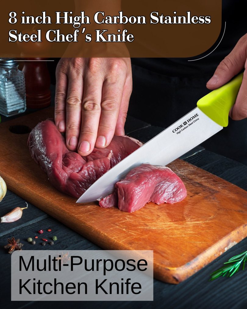 Cook N Home Chef's Knife Multi-Purpose 8-Inch, Straight Edge High Carbon German Stainless Steel Sharp Kitchen Knife, Ergonomic Handle, Green - Image 3