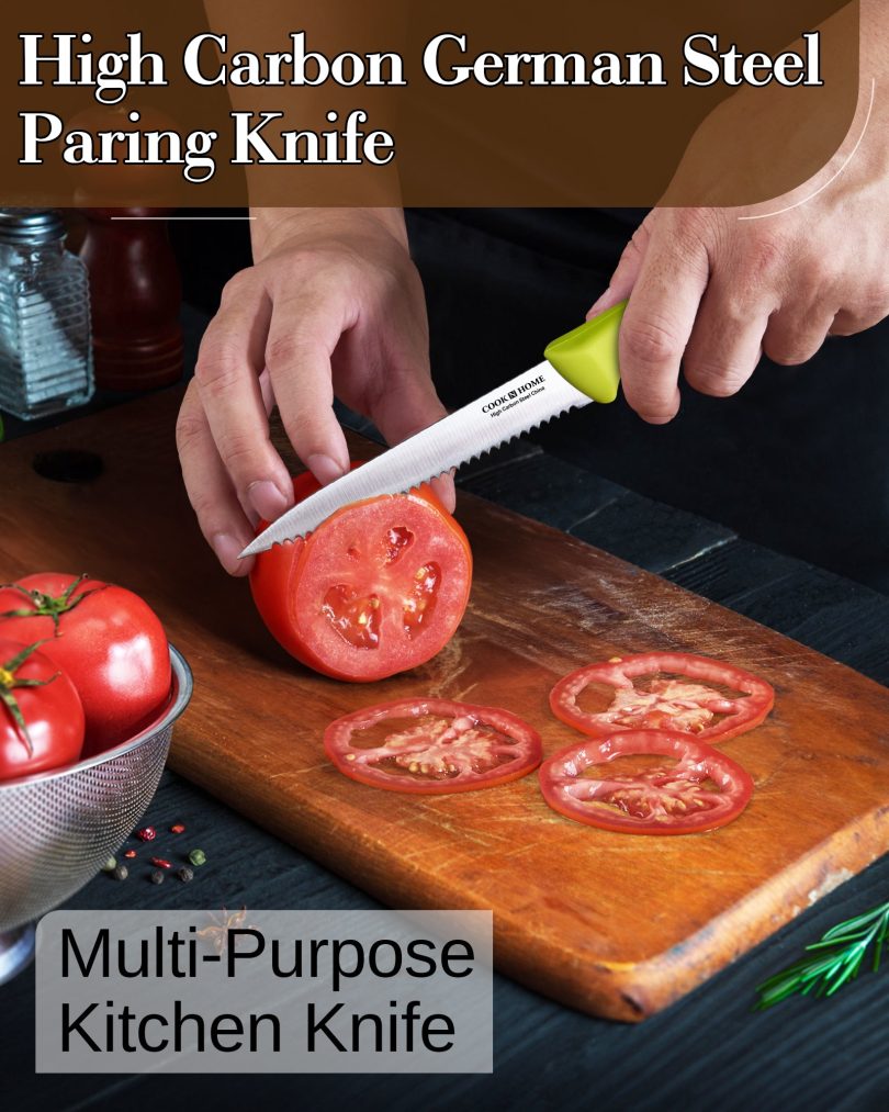 Cook N Home Paring Knife Set 4-Piece, High Carbon German Stainless Steel Kitchen Knives, Includes-Utility, Paring, Vegetable, Peeling Knife, Ergonomic Handle, Green - Image 3