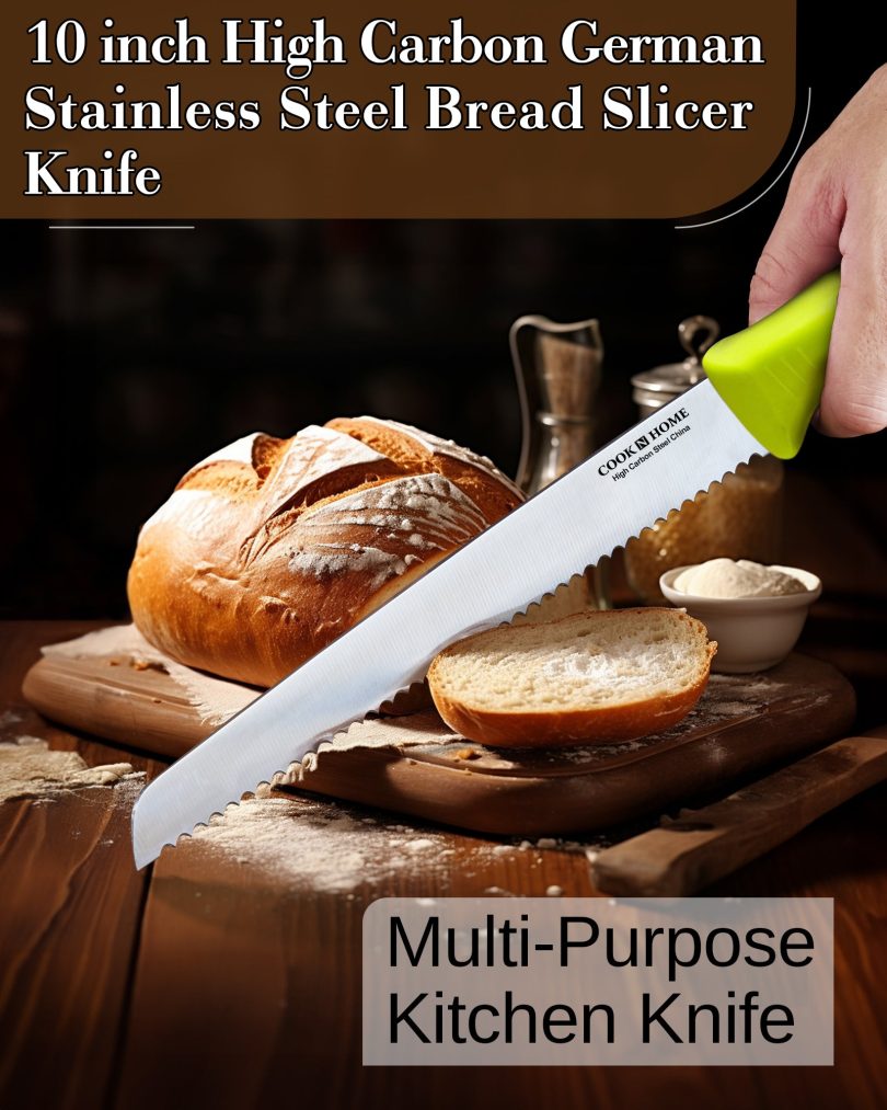Cook N Home Bread Slicer Knife 10-Inch, Wavy Serrated High Carbon German Stainless Steel Sharp Kitchen Knife, Ergonomic Handle, Green - Image 3