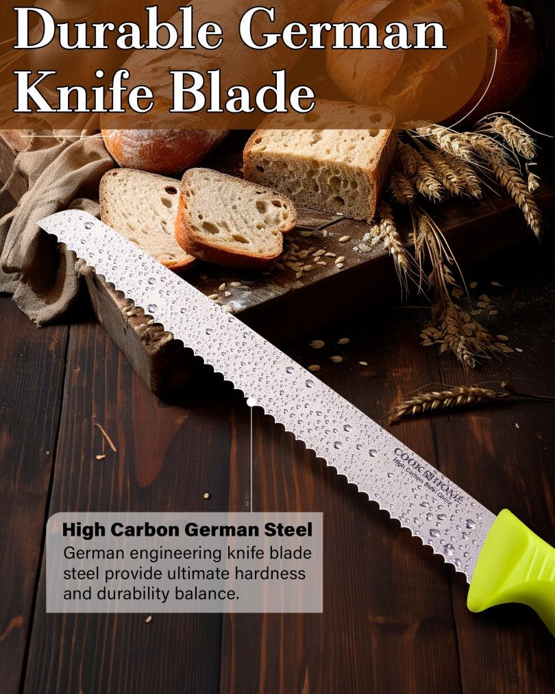 Cook N Home Bread Slicer Knife 10-Inch, Wavy Serrated High Carbon German Stainless Steel Sharp Kitchen Knife, Ergonomic Handle, Green - Image 4