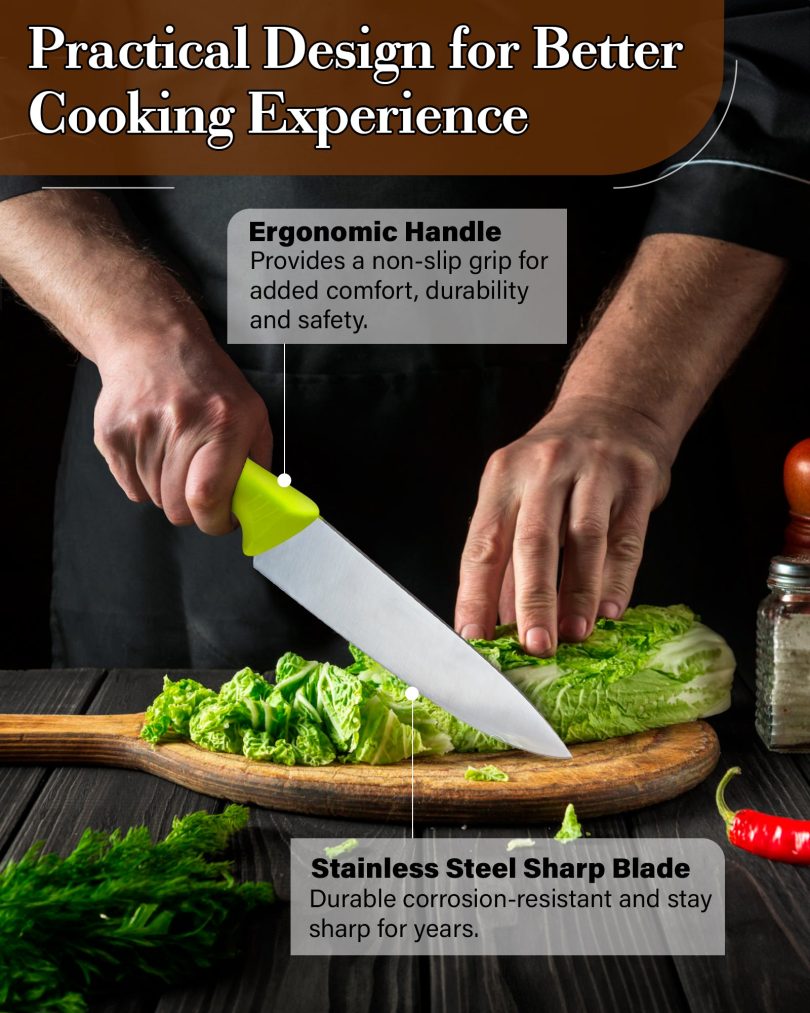 Cook N Home Chef's Knife Multi-Purpose 8-Inch, Straight Edge High Carbon German Stainless Steel Sharp Kitchen Knife, Ergonomic Handle, Green - Image 4