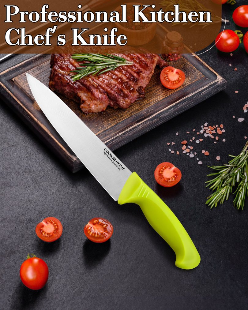Cook N Home Chef's Knife Multi-Purpose 8-Inch, Straight Edge High Carbon German Stainless Steel Sharp Kitchen Knife, Ergonomic Handle, Green - Image 5