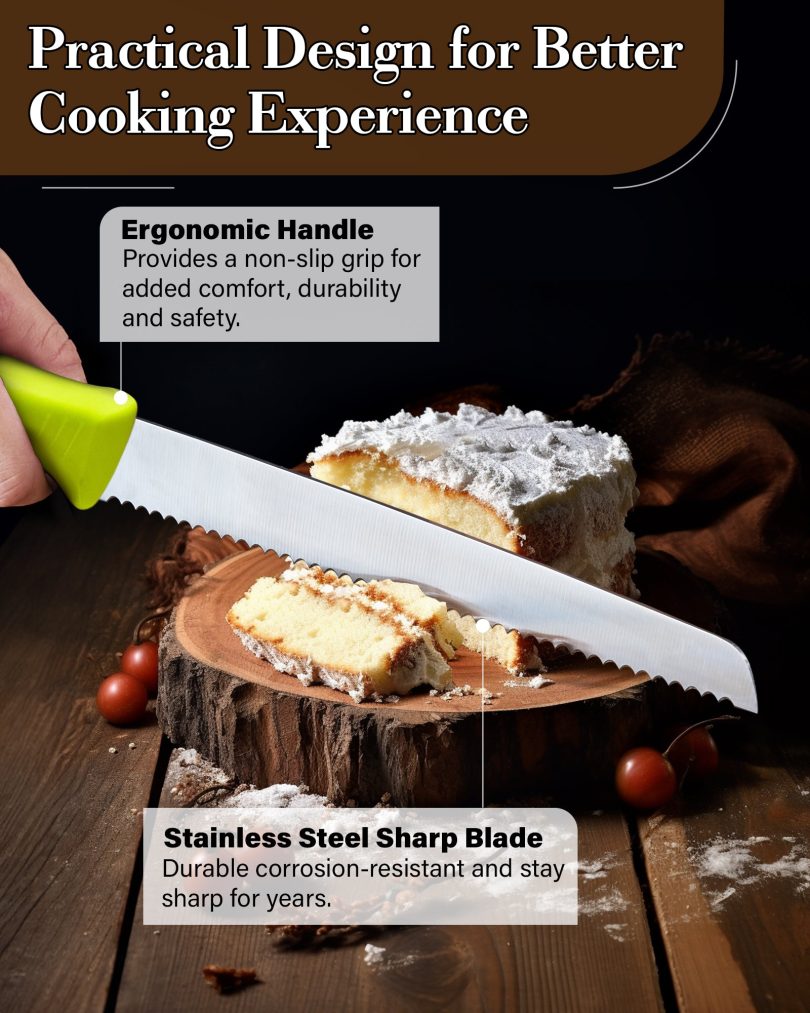 Cook N Home Bread Slicer Knife 10-Inch, Wavy Serrated High Carbon German Stainless Steel Sharp Kitchen Knife, Ergonomic Handle, Green - Image 6