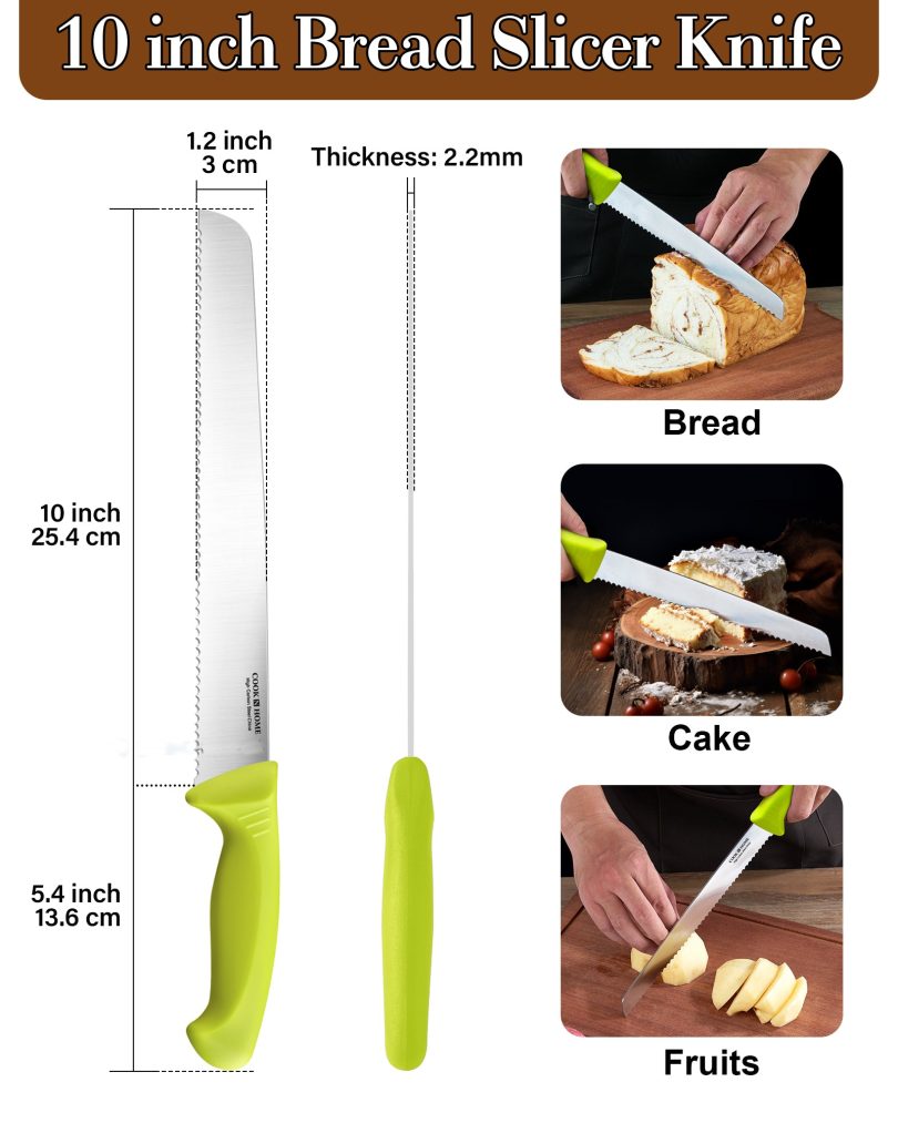 Cook N Home Bread Slicer Knife 10-Inch, Wavy Serrated High Carbon German Stainless Steel Sharp Kitchen Knife, Ergonomic Handle, Green - Image 2