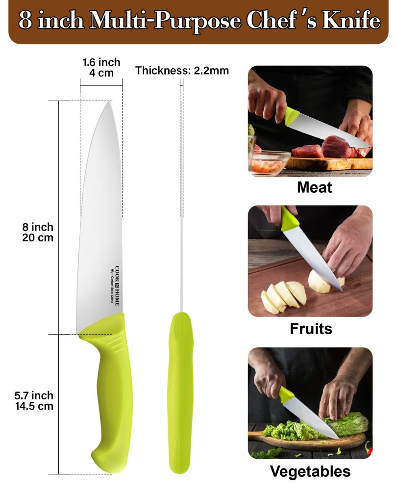 Cook N Home Chef's Knife Multi-Purpose 8-Inch, Straight Edge High Carbon German Stainless Steel Sharp Kitchen Knife, Ergonomic Handle, Green - Image 2