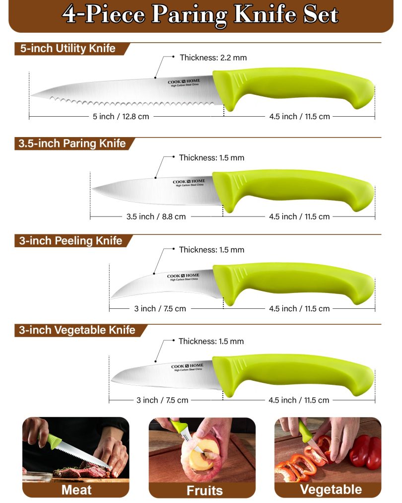 Cook N Home Paring Knife Set 4-Piece, High Carbon German Stainless Steel Kitchen Knives, Includes-Utility, Paring, Vegetable, Peeling Knife, Ergonomic Handle, Green - Image 2
