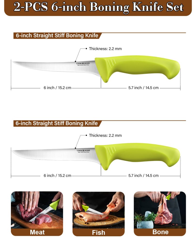 Cook N Home Boning Knife Set 2-Piece, 6-inch High Carbon German Stainless Steel Flexible Curved and Straight Stiff Boning Kitchen Knives, Ergonomic Handle, Green - Image 2