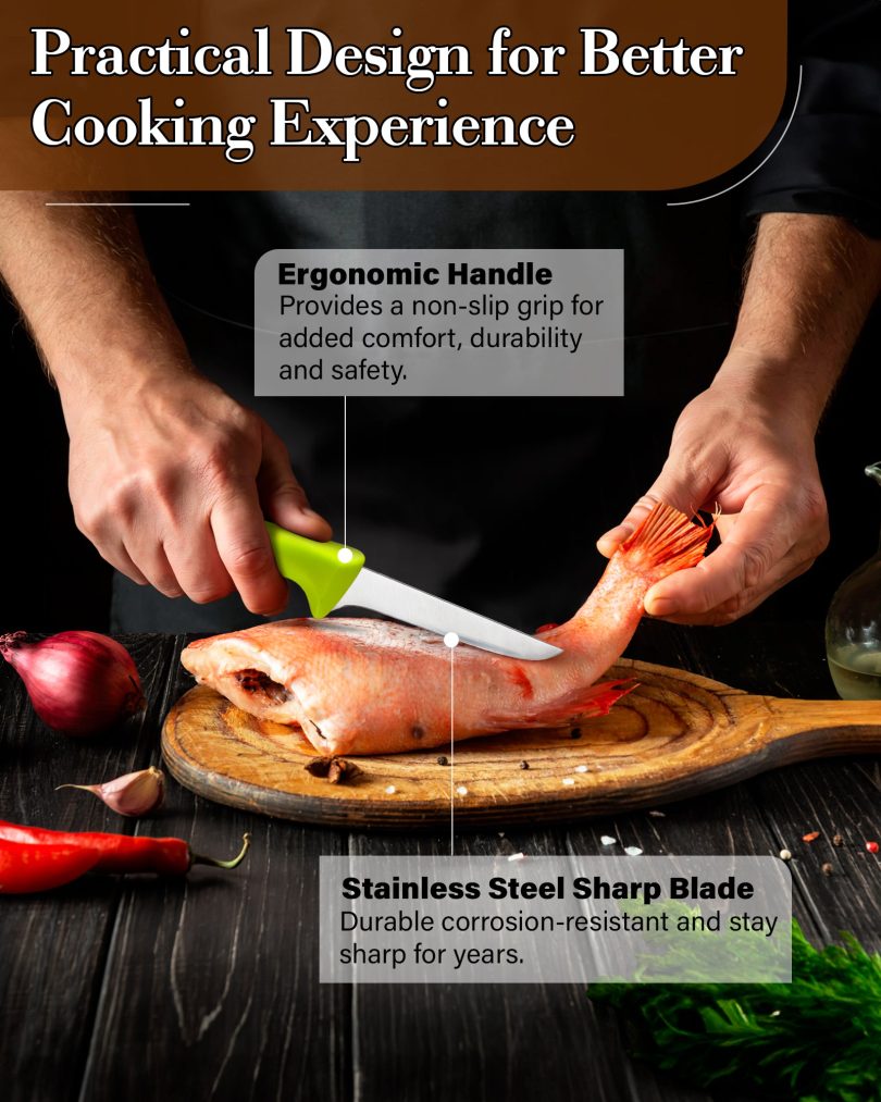 Cook N Home Boning Knife Set 2-Piece, 6-inch High Carbon German Stainless Steel Flexible Curved and Straight Stiff Boning Kitchen Knives, Ergonomic Handle, Green - Image 4