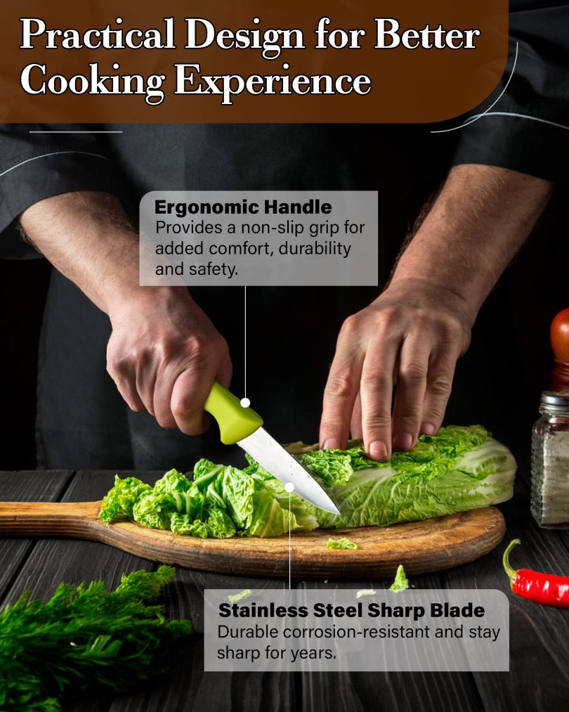 Cook N Home Paring Knife Set 4-Piece, High Carbon German Stainless Steel Kitchen Knives, Includes-Utility, Paring, Vegetable, Peeling Knife, Ergonomic Handle, Green - Image 5