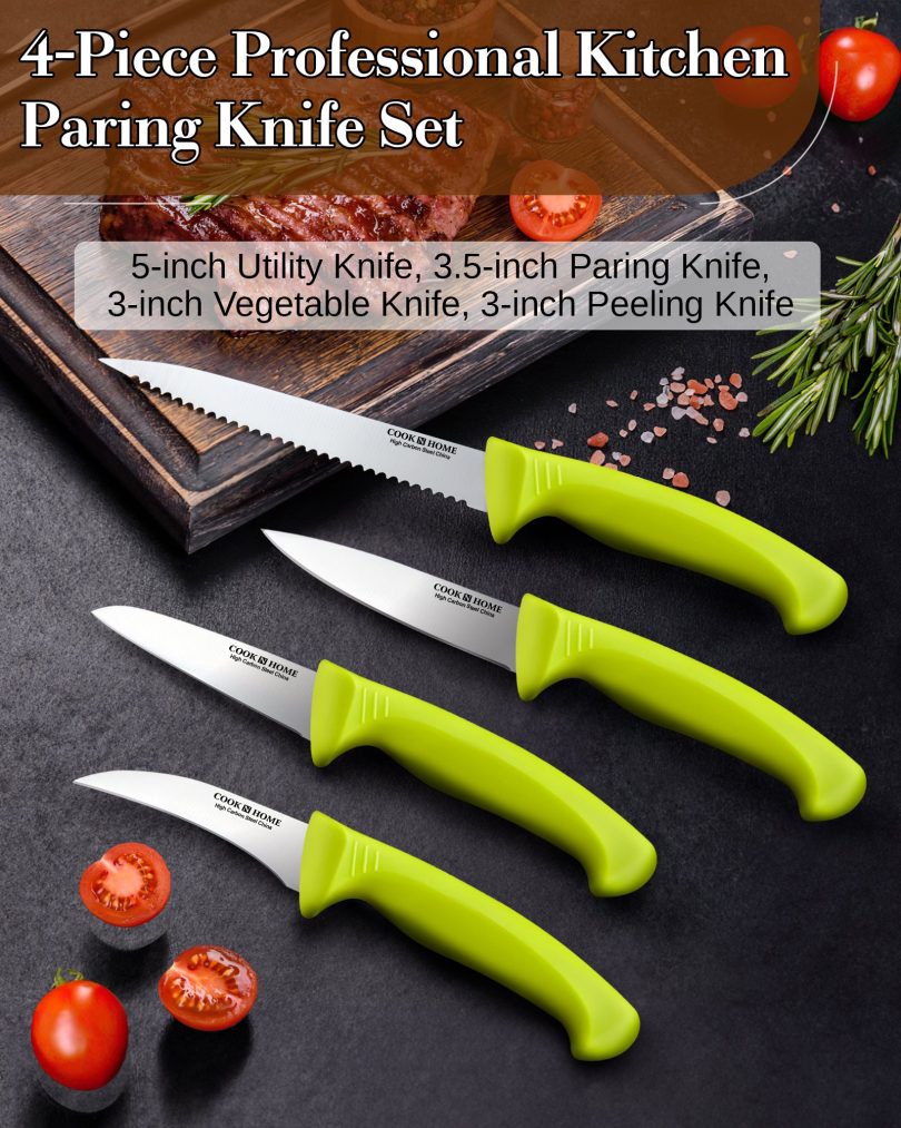 Cook N Home Paring Knife Set 4-Piece, High Carbon German Stainless Steel Kitchen Knives, Includes-Utility, Paring, Vegetable, Peeling Knife, Ergonomic Handle, Green - Image 6