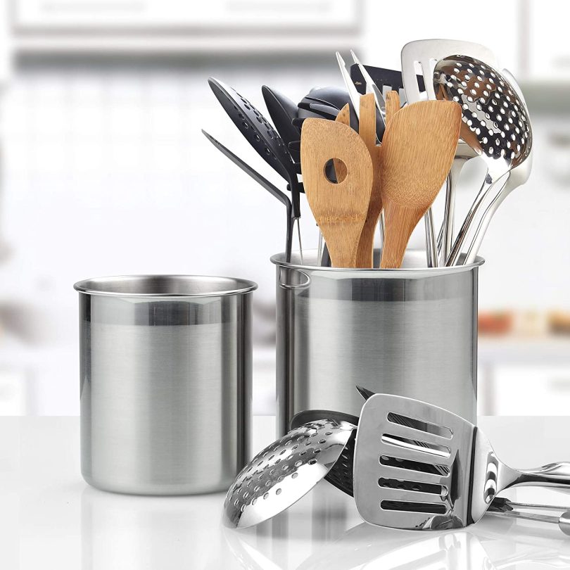 Cook N Home Stainless Steel Utensil Holder Jumbo 2PC set, 5.5-inch x 6.3-inch and 6.3-inch x 7.08-inch, Silver - Image 2
