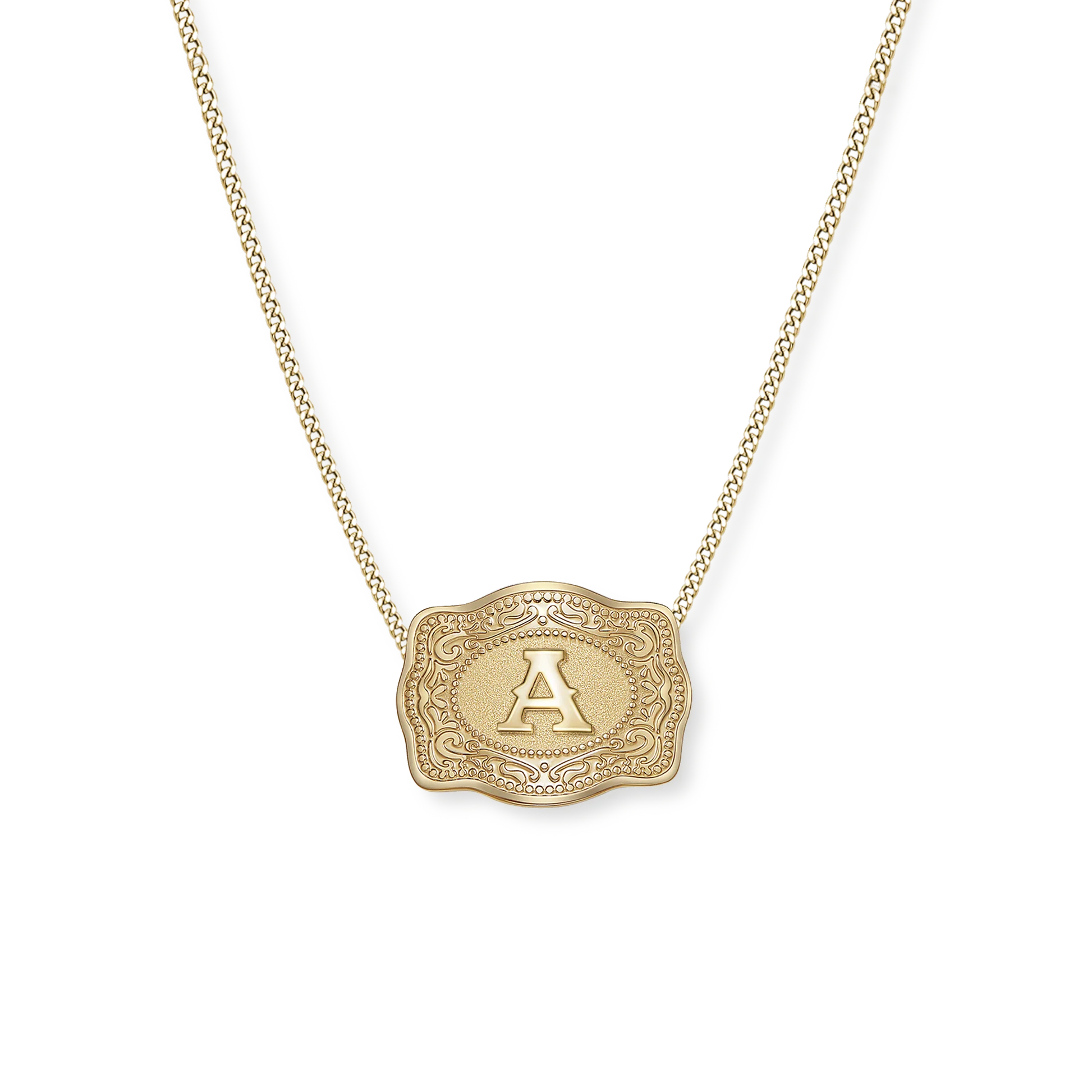 SpurWest Trading Co. Original Embossed Gold Initial Mini Belt Buckle Curb Chain Necklace