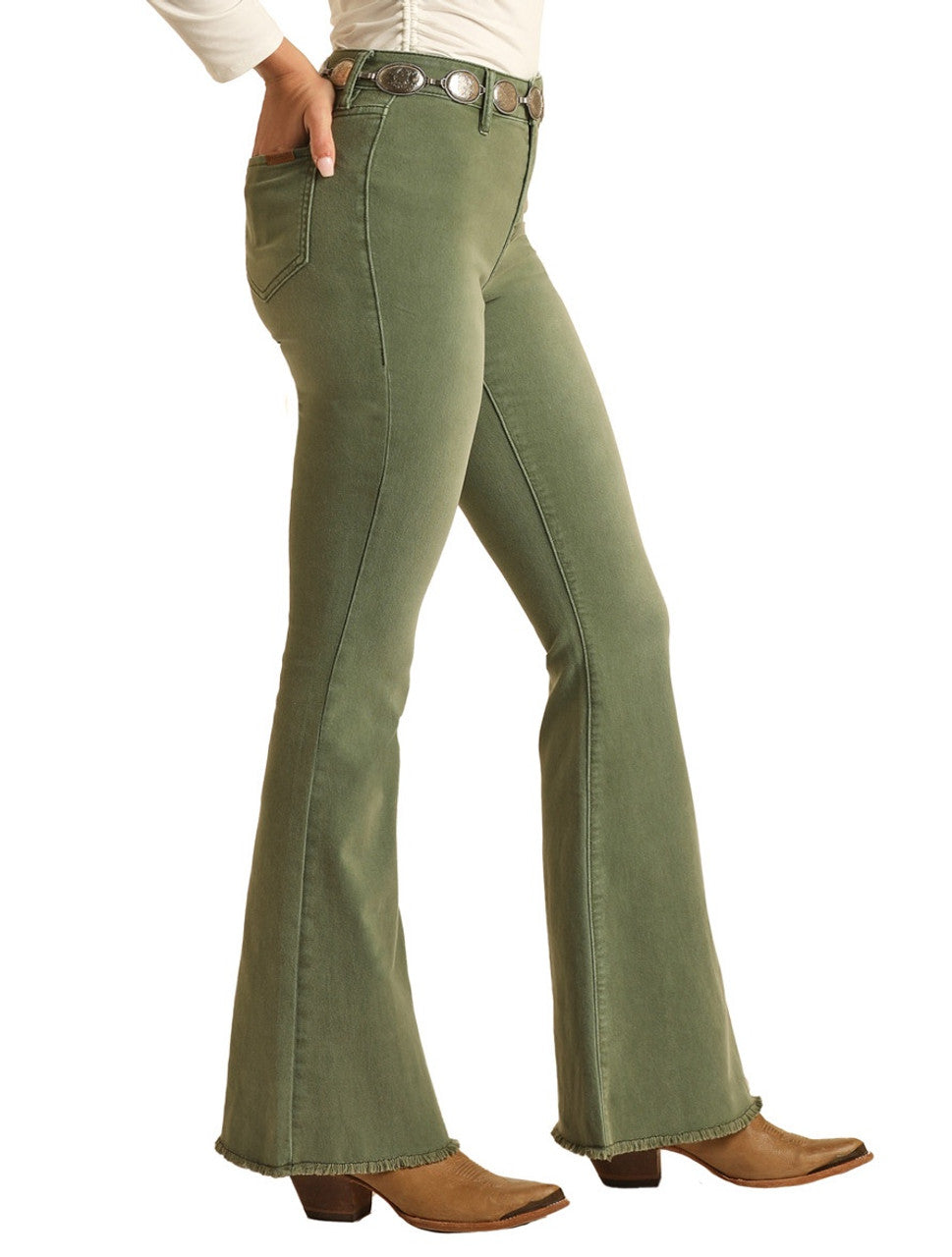 Ladies Rock & Roll Denim Sweet Sage Bargain Button Flare Jeans - BW6PD03537 - FINAL SALE - Image 2